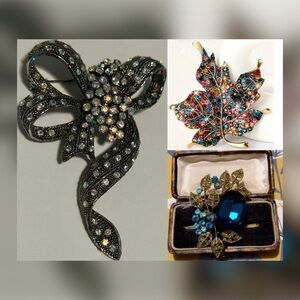 Vintage Rhinestone Brooch Bundle Bow Leaf Blue Cabochon Statement